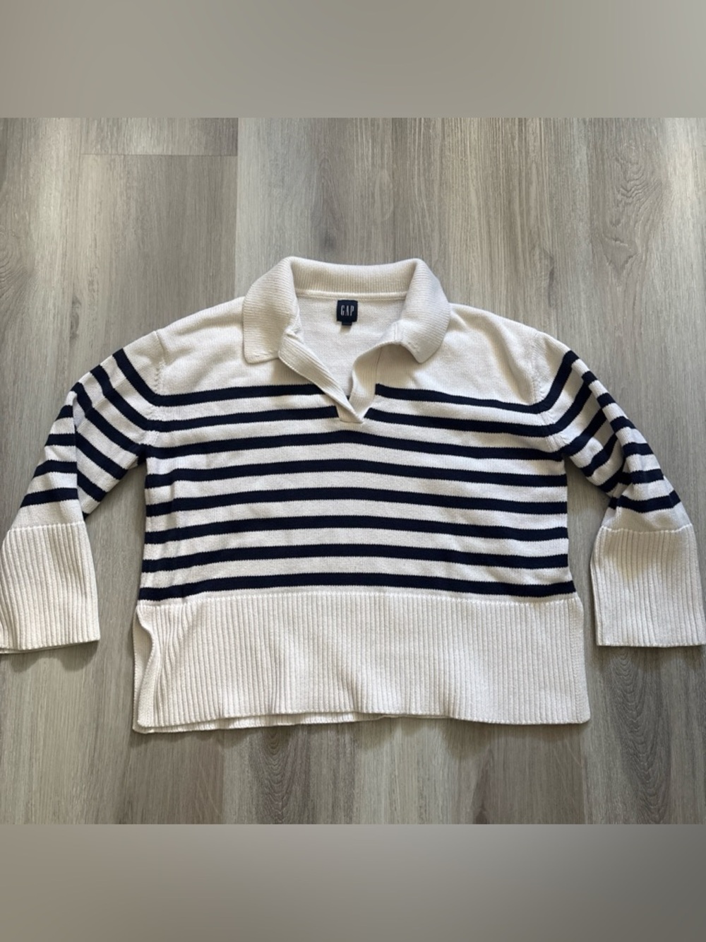 GAP Cream and Navy Striped Collared Knit Pullover